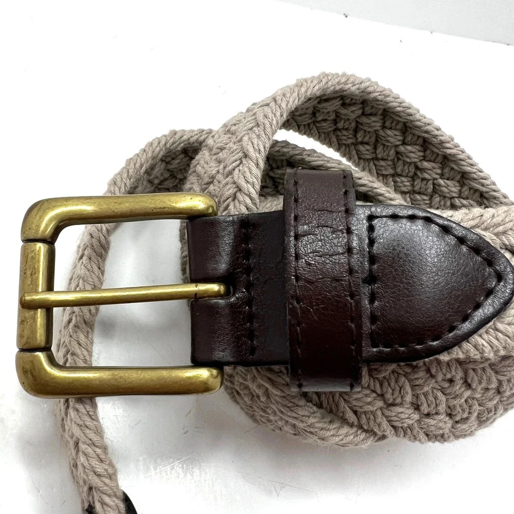 Northern Reflections Vtg Cotton Braided Belt Beige Leather Brass Buckle Size‎ M
